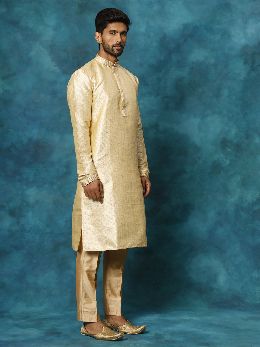 VASTRAMAY Men's Gold And Rose Gold Silk Blend Kurta Pyjama Set