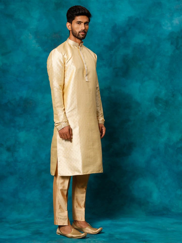 VASTRAMAY Men's Gold And Rose Gold Silk Blend Kurta Pyjama Set