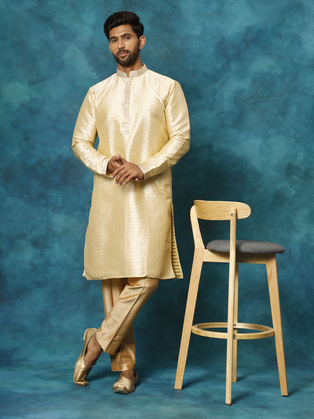 VASTRAMAY Men's Beige jacquard Kurta