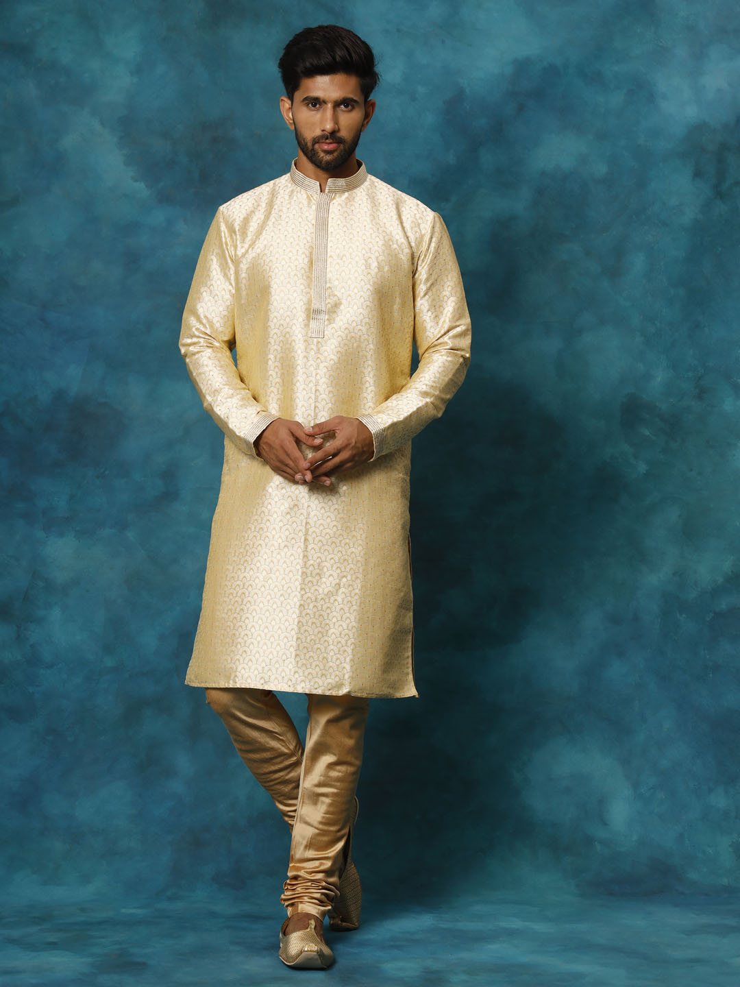 VASTRAMAY Men's Gold jacquard Kurta With Pyjama Set