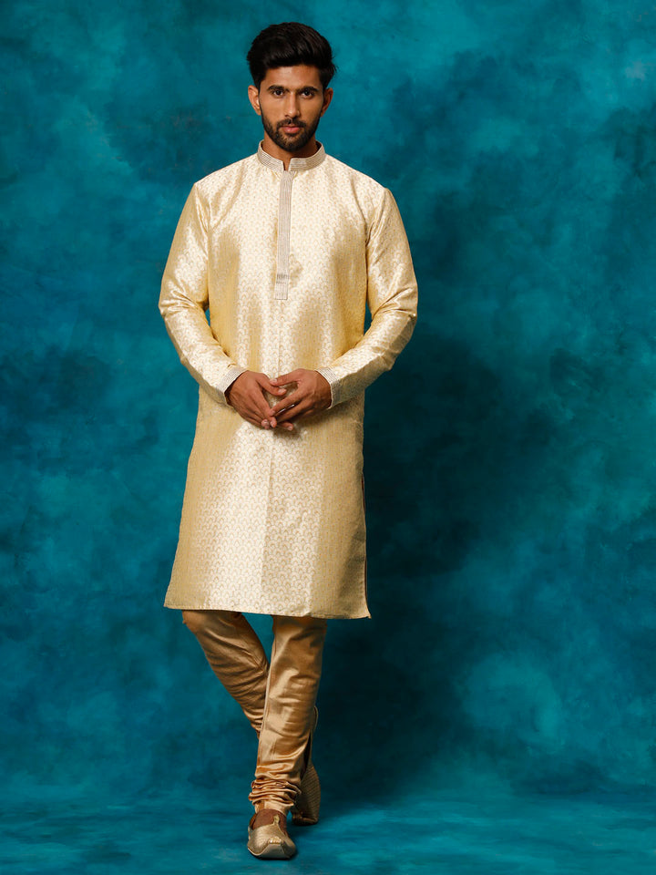 VASTRAMAY Men's Gold jacquard Kurta With Pyjama Set