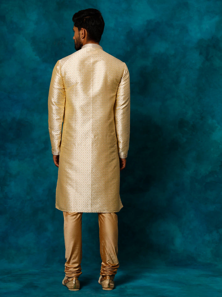 VASTRAMAY Men's Gold jacquard Kurta With Pyjama Set