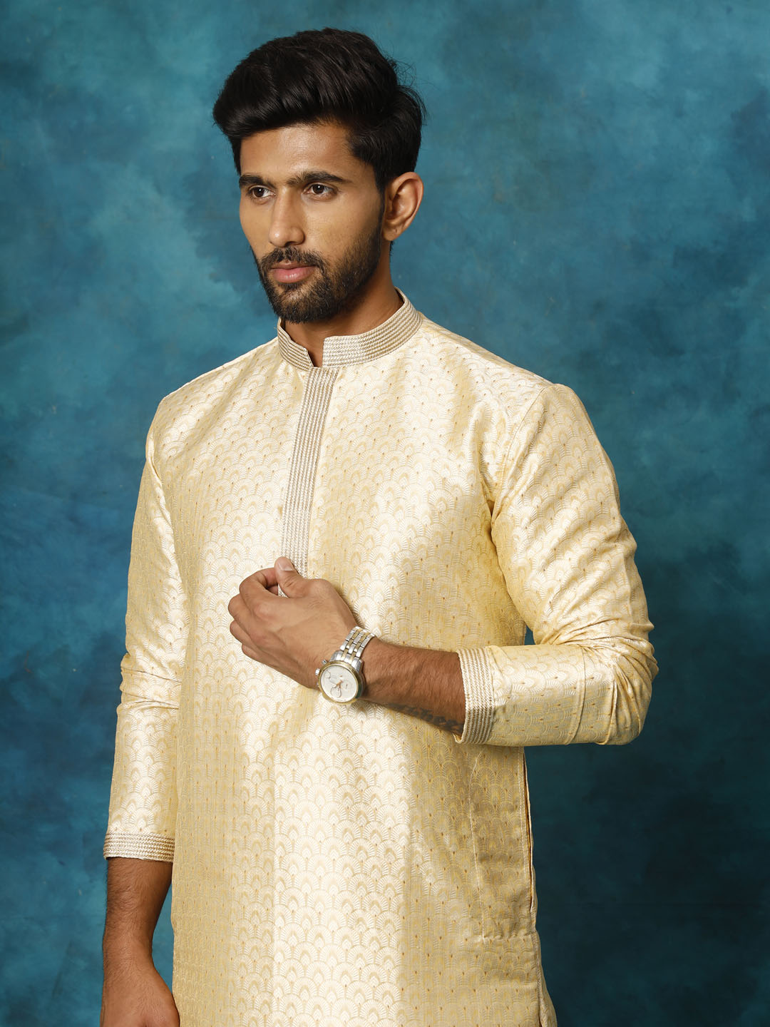 VASTRAMAY Men's Gold jacquard Kurta With Pyjama Set