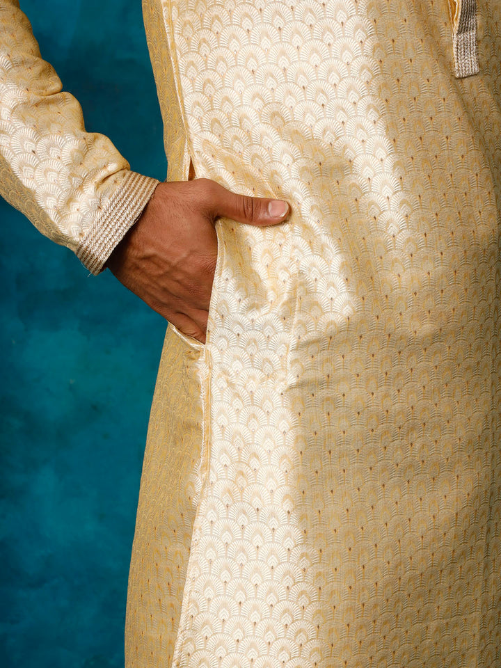 VASTRAMAY Men's Gold jacquard Kurta With Pyjama Set