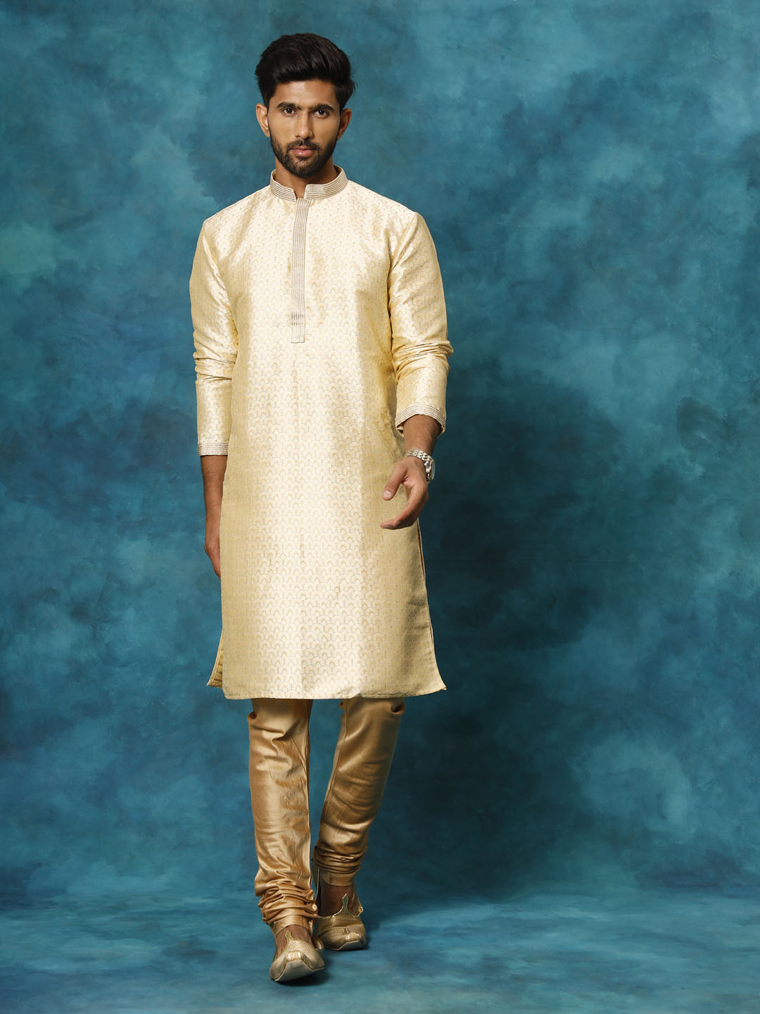 VASTRAMAY Men's Gold jacquard Kurta With Pyjama Set