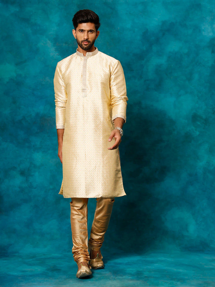 VASTRAMAY Men's Gold jacquard Kurta With Pyjama Set