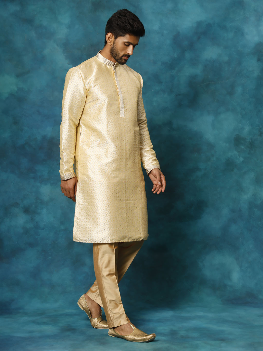 VASTRAMAY Men's Beige jacquard Kurta With Pant Set