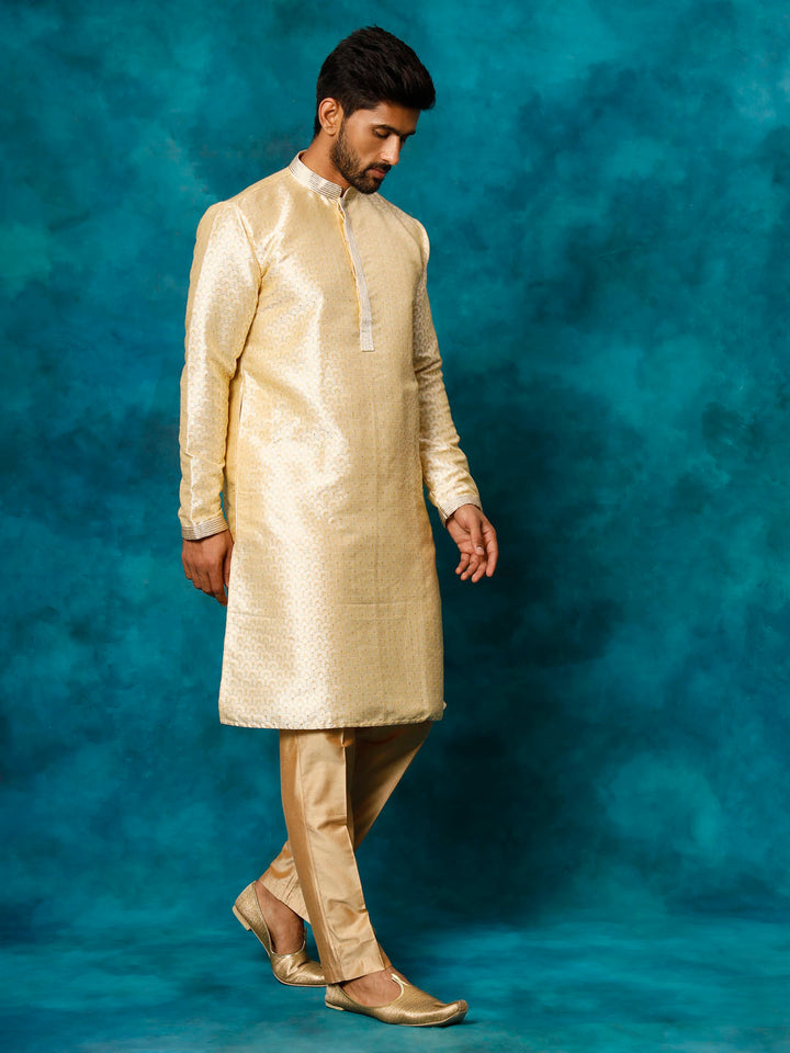 VASTRAMAY Men's Beige jacquard Kurta With Pant Set