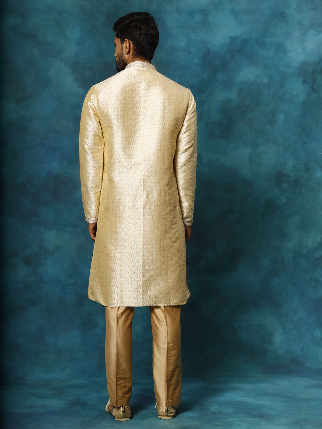 VASTRAMAY Men's Beige jacquard Kurta With Pant Set