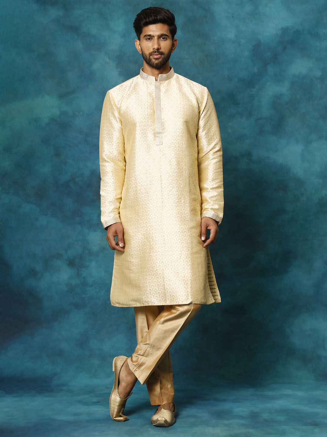 VASTRAMAY Men's Beige jacquard Kurta With Pant Set