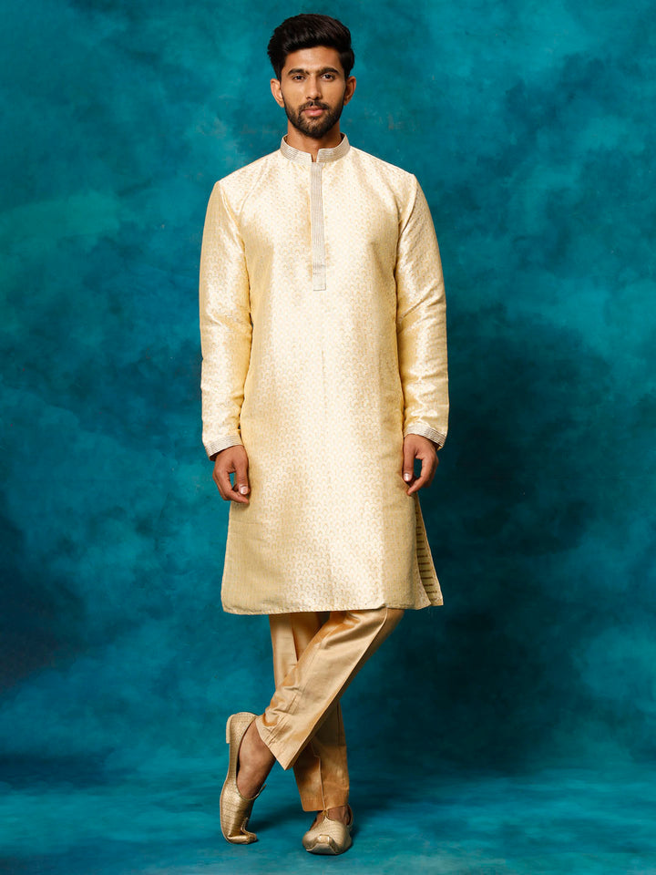 VASTRAMAY Men's Beige jacquard Kurta With Pant Set