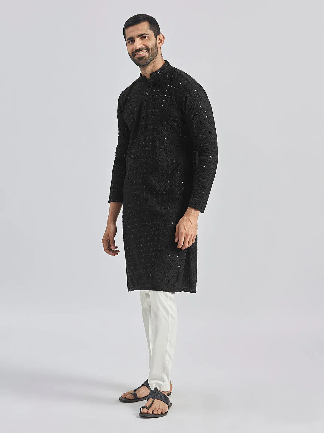 Men's Black And White Rayon Cotton Kurta Pyjama Set