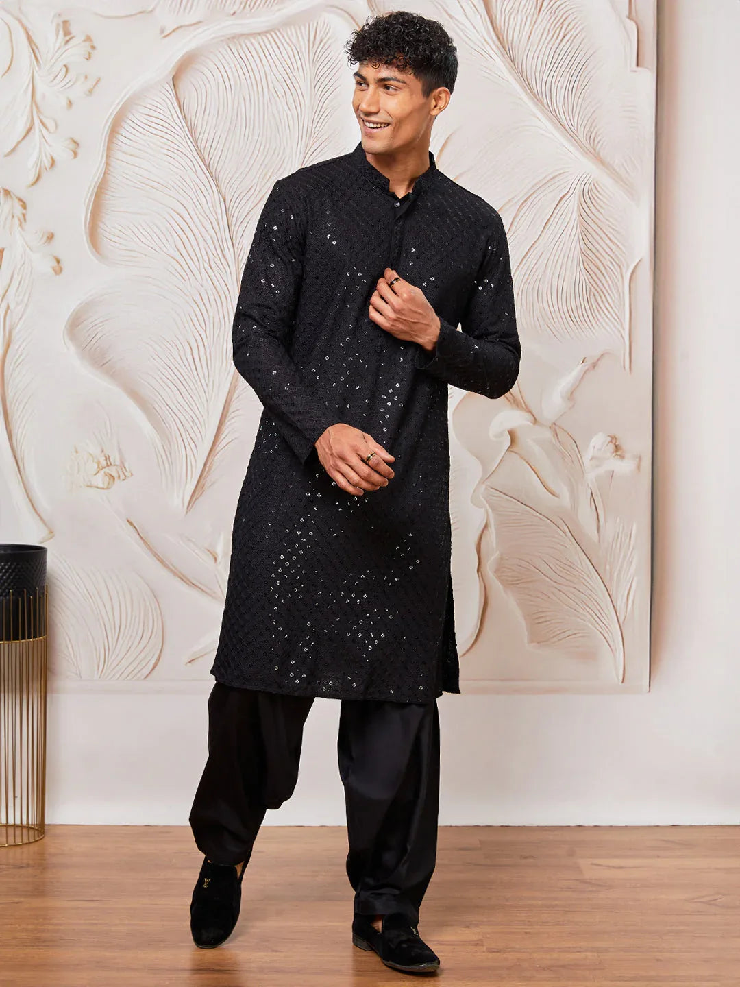 Men's Black And White Rayon Cotton Kurta Patiala Set