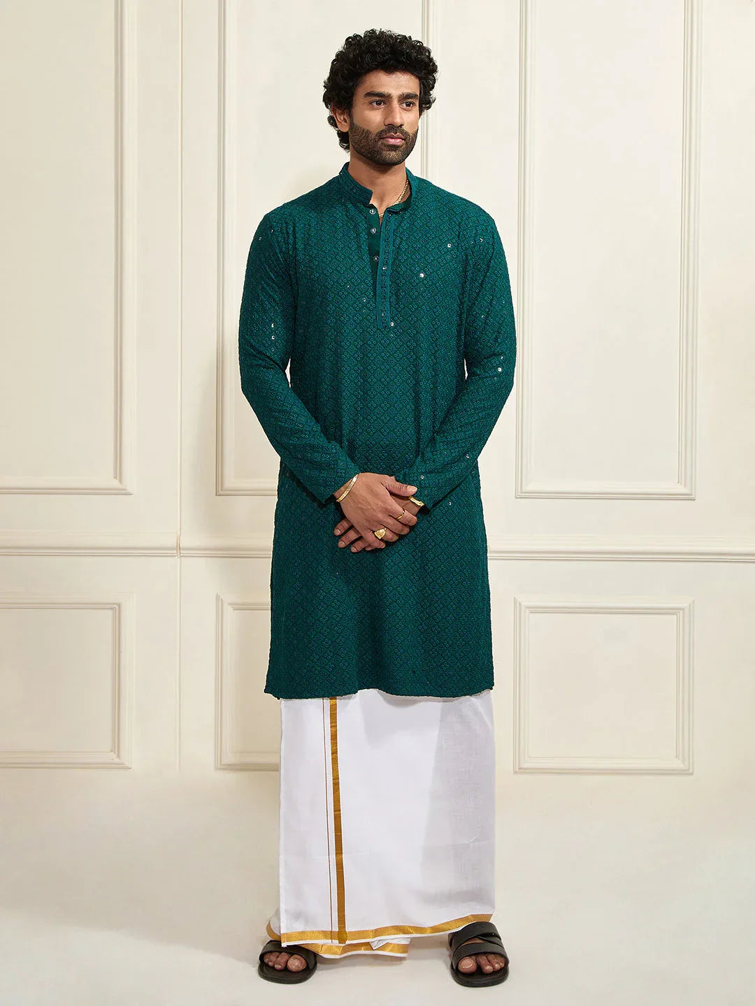 Men's Green Rayon Cotton Kurta And Mundu Set