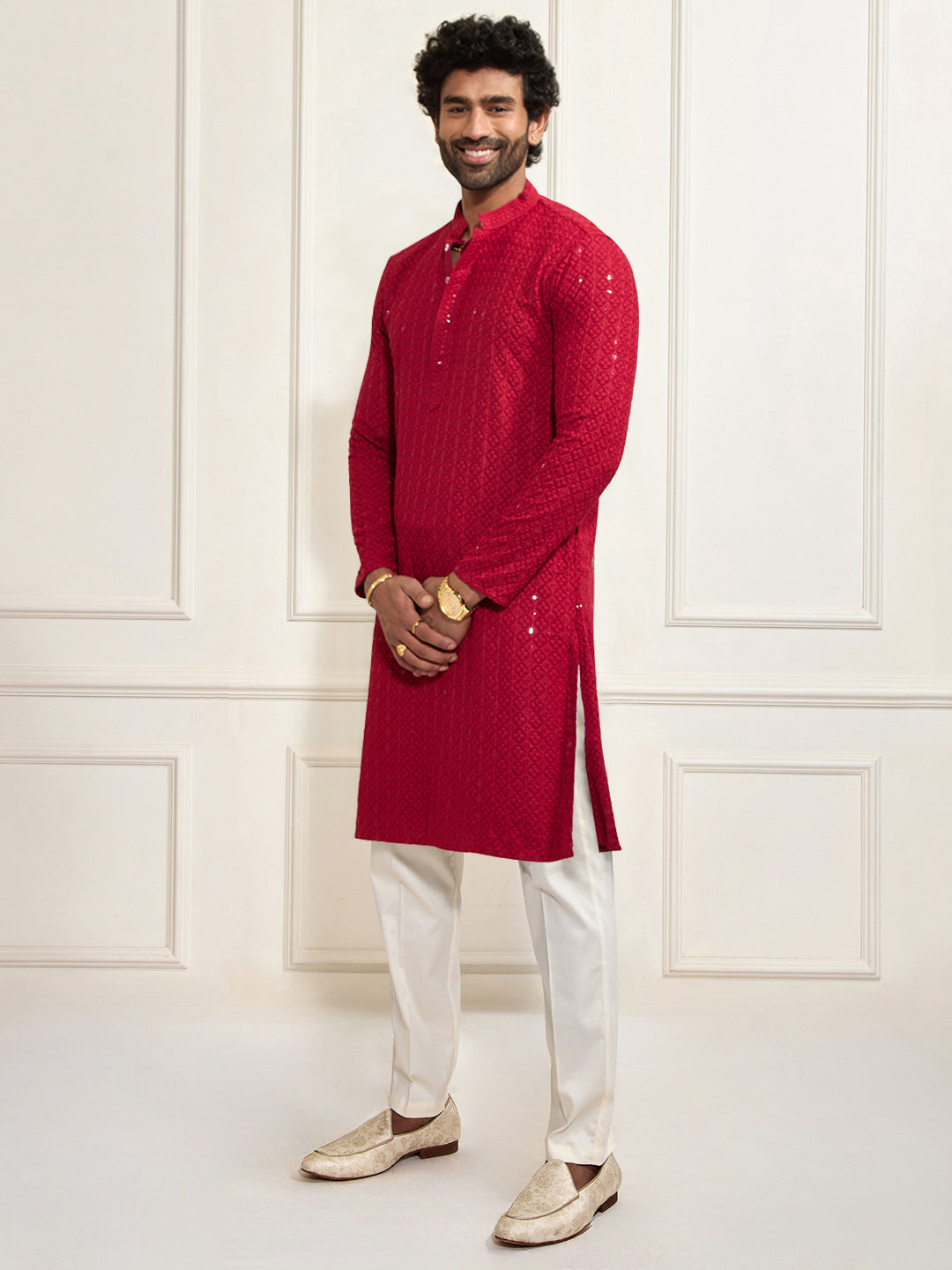 Men's Maroon And White Rayon Cotton Kurta Pyjama Set