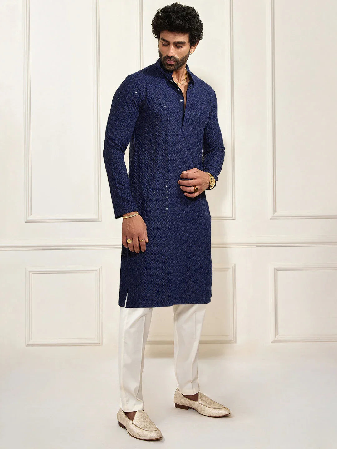 Men's Navy Blue And White Rayon Cotton Kurta Pyjama Set