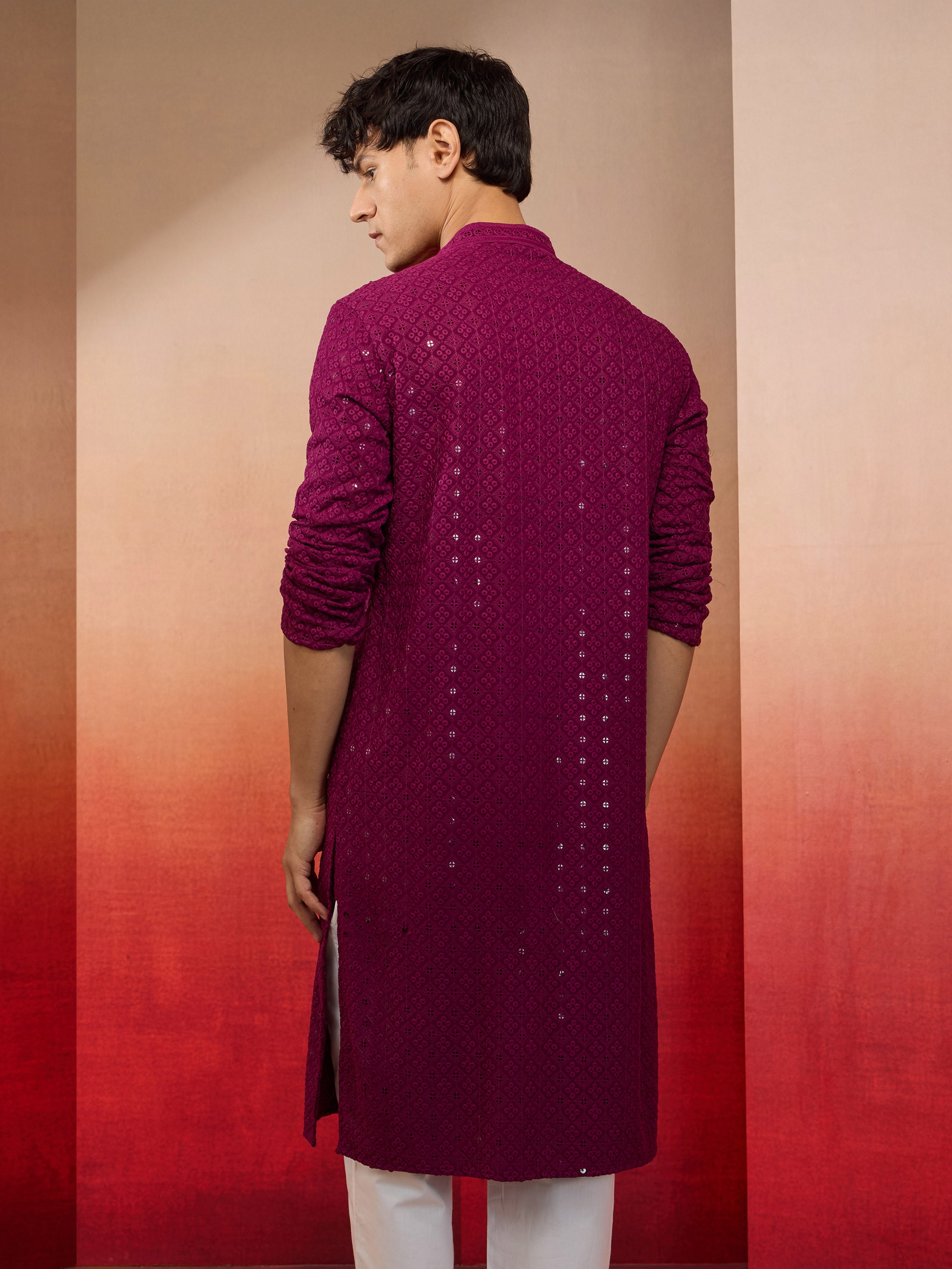 Men's Purple Sequin Embroidered Long Kurta