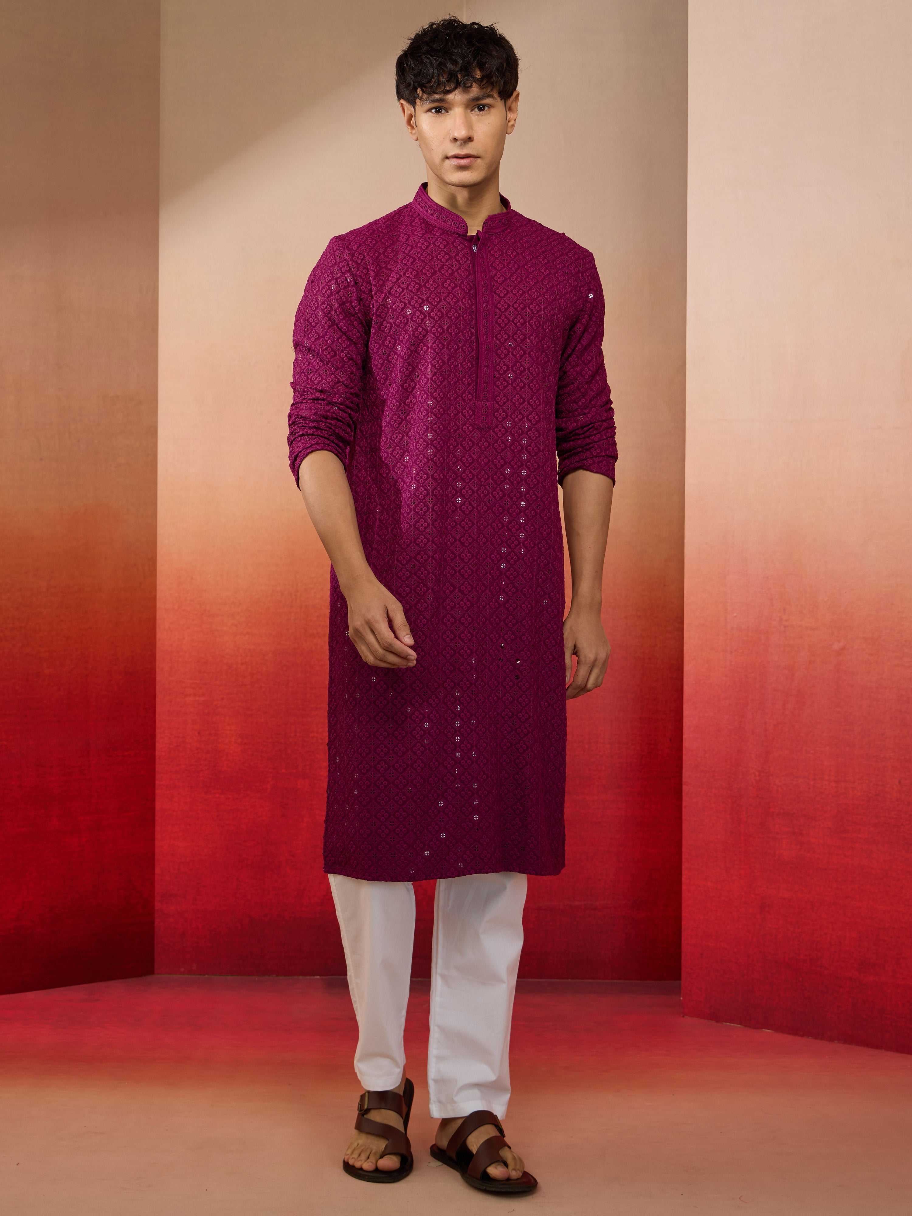 Men's Purple Rayon Sequin Embroidered Kurta with White Trousers