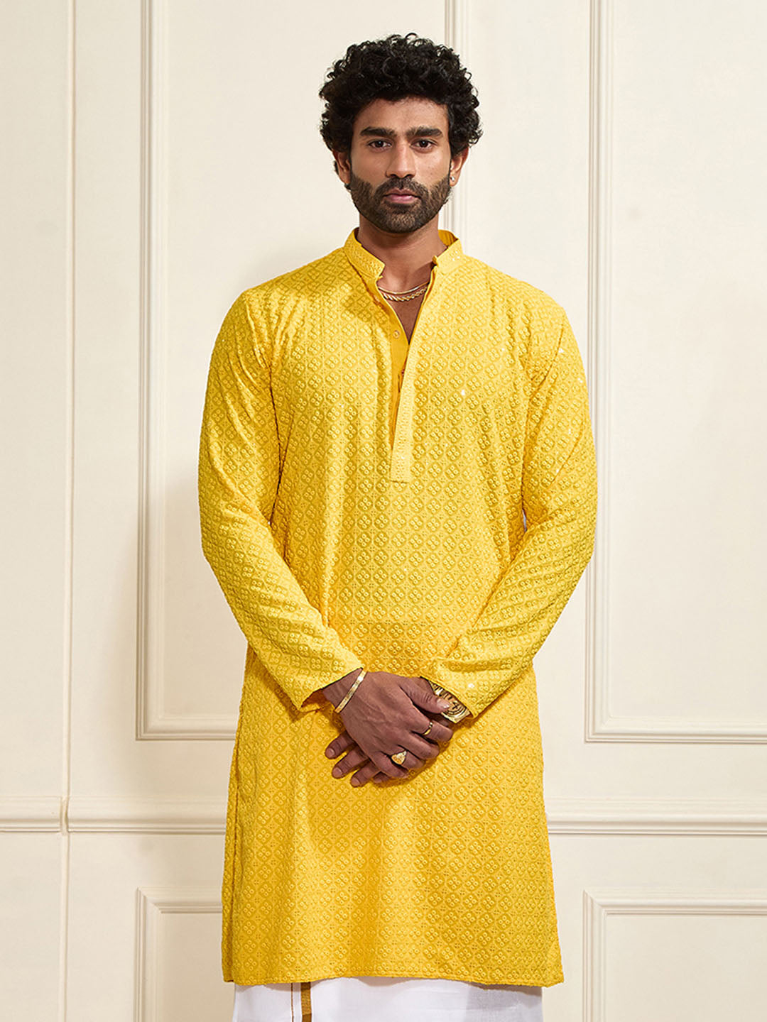 Men's Yellow Rayon Schiffli Kurta