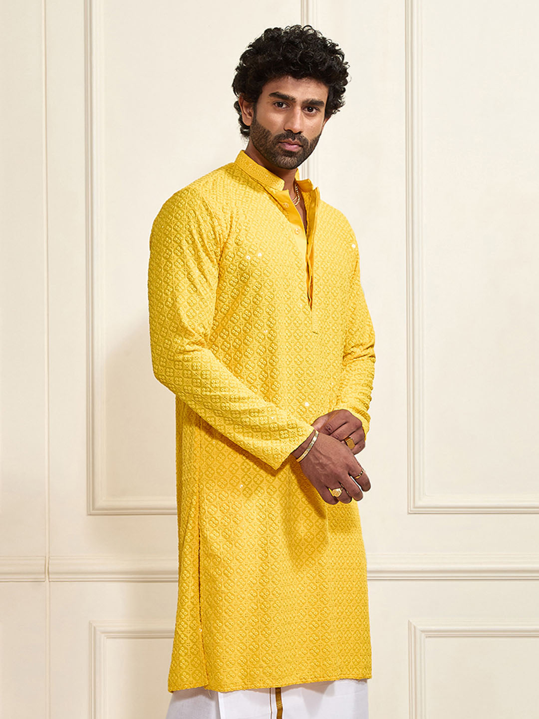 Men's Yellow Rayon Schiffli Kurta