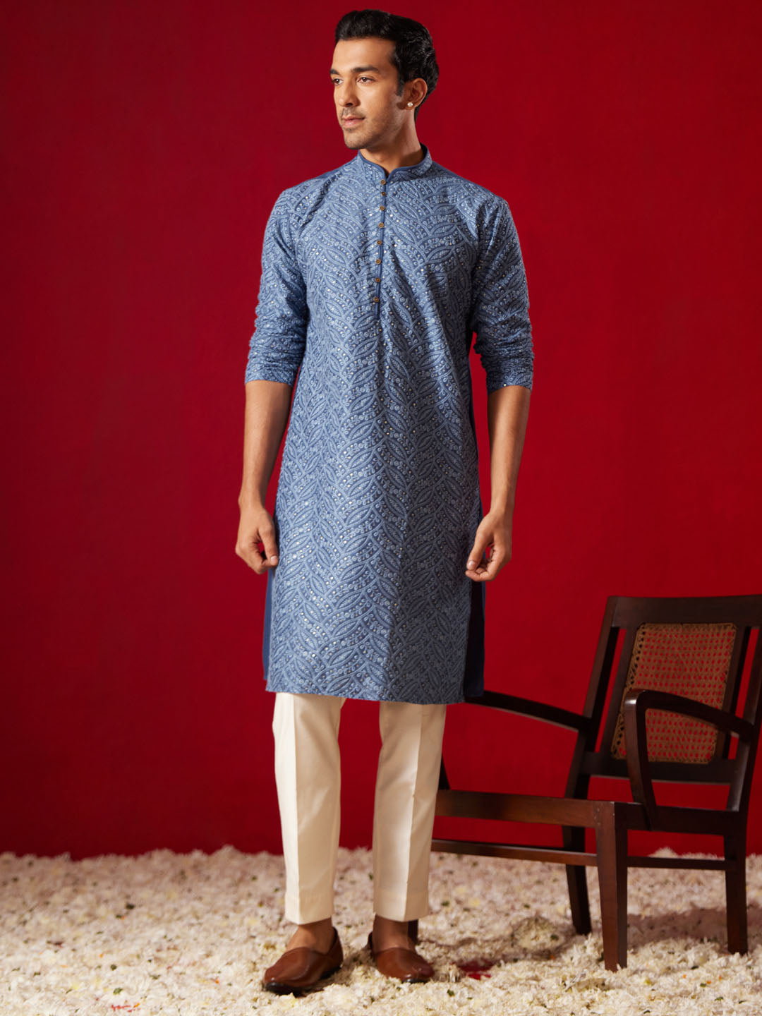 Men's Blue And Cream Rayon Cotton Kurta Pyjama Set