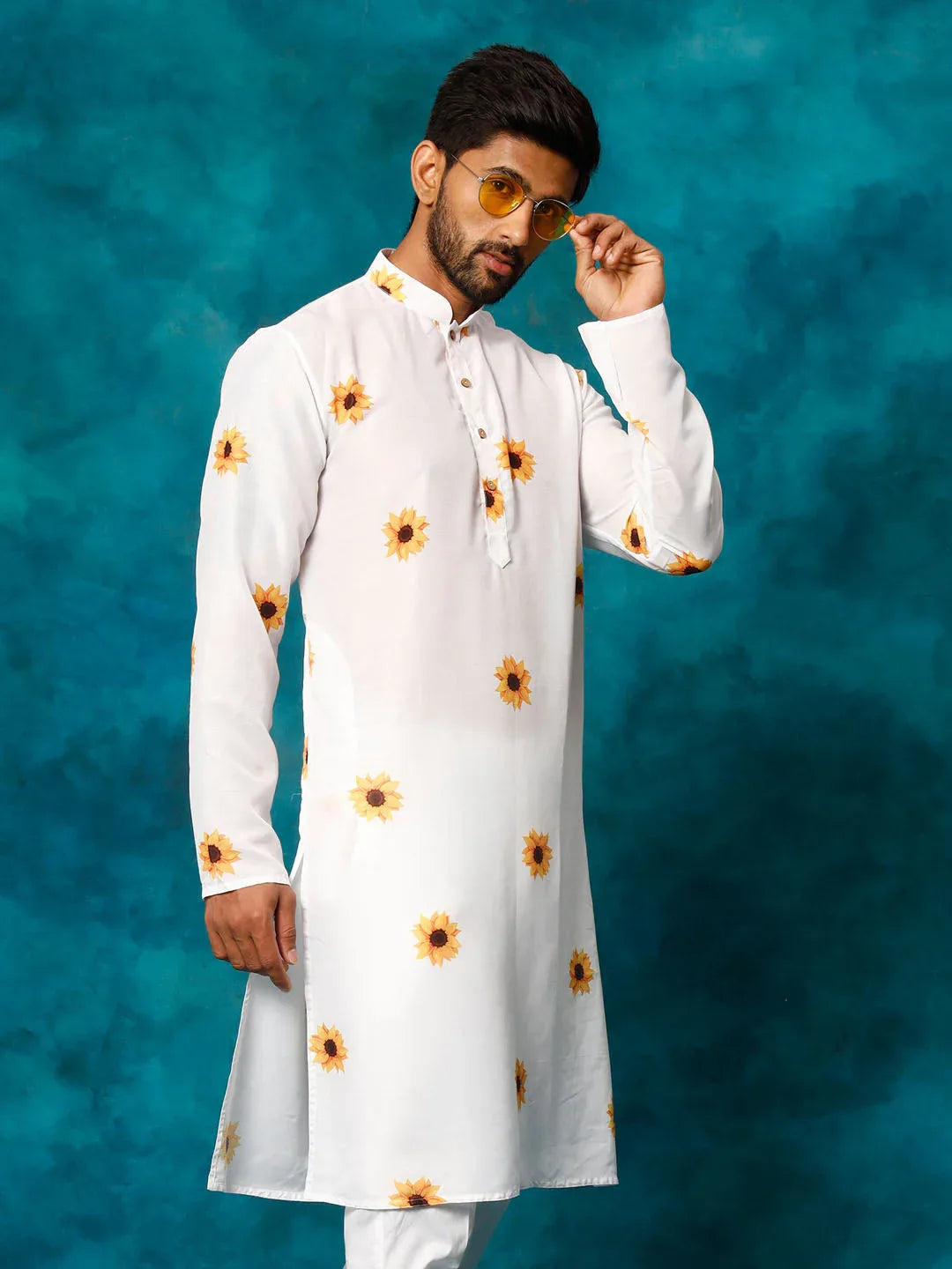 Men's White Cotton Blend Sunflower Print Kurta