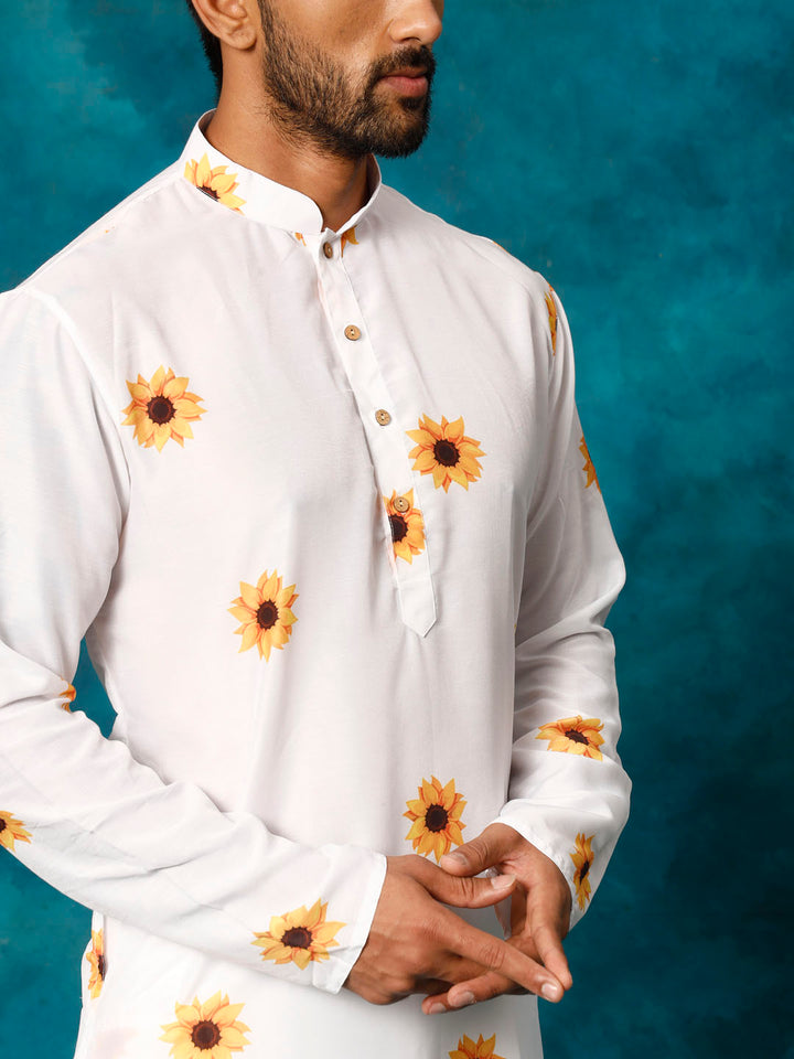 VASTRAMAY Men's White Cotton Blend Sunflower Print Kurta