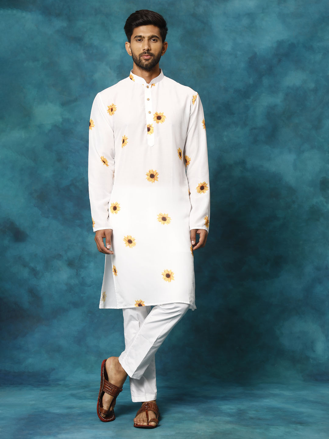 VASTRAMAY Men's White Cotton Blend Sunflower Print Kurta Pant Set