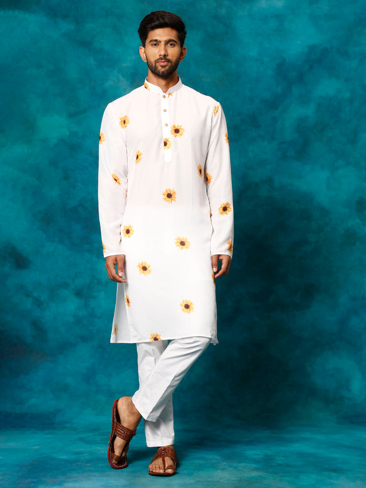 VASTRAMAY Men's White Cotton Blend Sunflower Print Kurta Pant Set