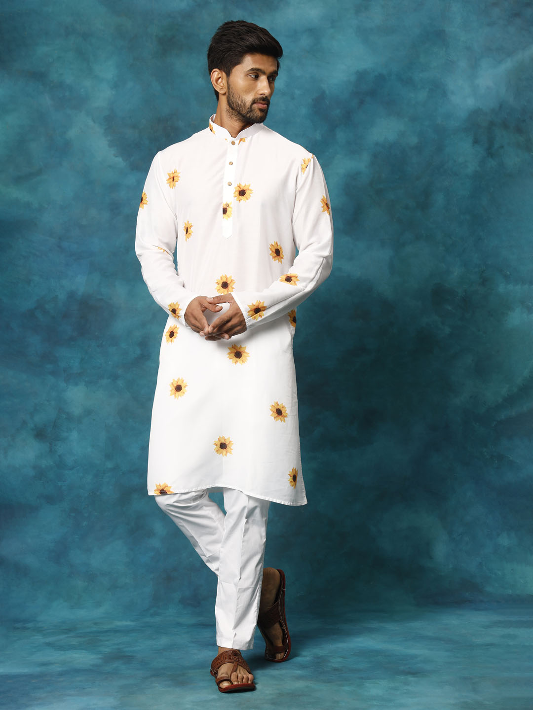 Men's White Cotton Blend Sunflower Print Kurta Pant Set