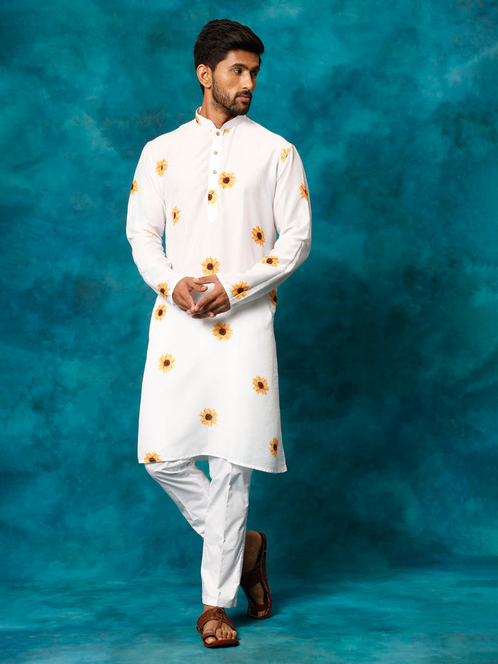 VASTRAMAY Men's White Cotton Blend Sunflower Print Kurta Pant Set