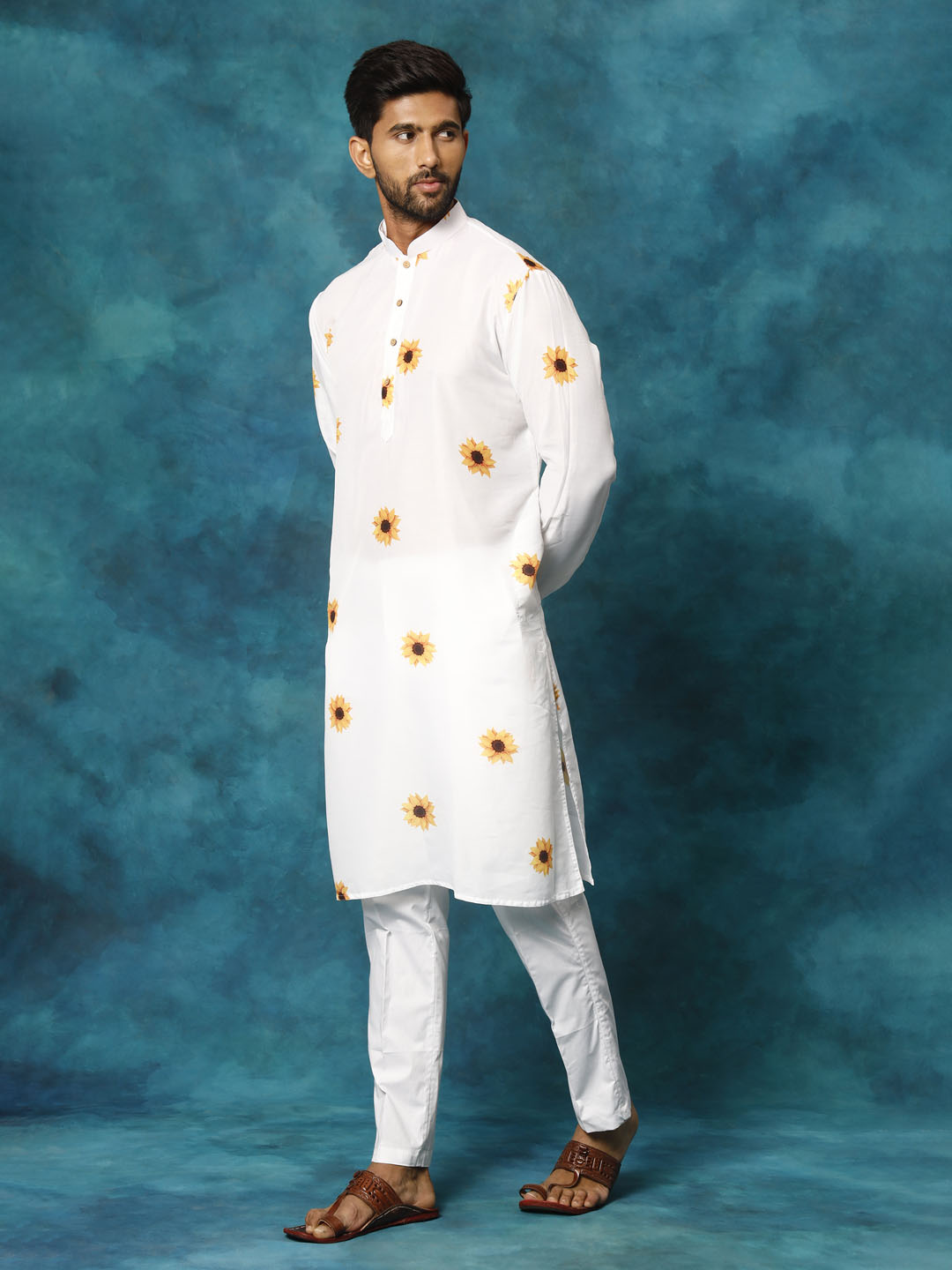 VASTRAMAY Men's White Cotton Blend Sunflower Print Kurta Pant Set