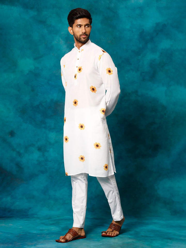 VASTRAMAY Men's White Cotton Blend Sunflower Print Kurta Pant Set