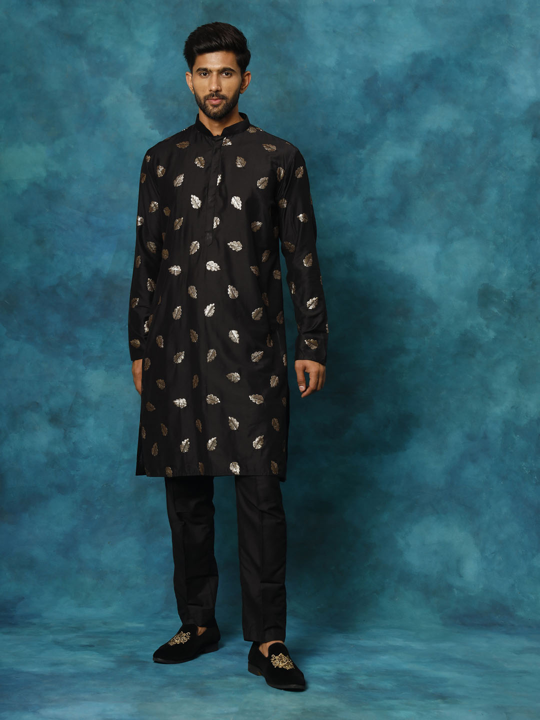 VASTRAMAY Men's Black Leaf Motif Embellished Kurta Pant Set