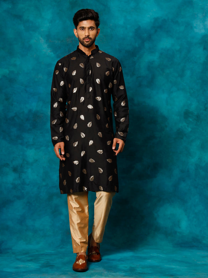 VASTRAMAY Men's Black Leaf Motif Embellished Kurta Pant Set