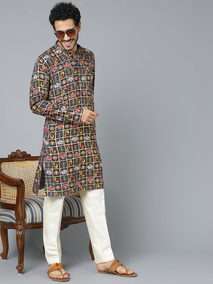 VASTRAMAY Men's Navy Blue Patola Print Ethnic kurta Pyjama Set