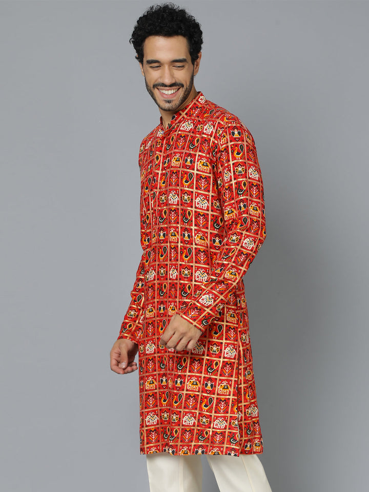 VASTRAMAY Men's Red Patola Print Ethnic kurta