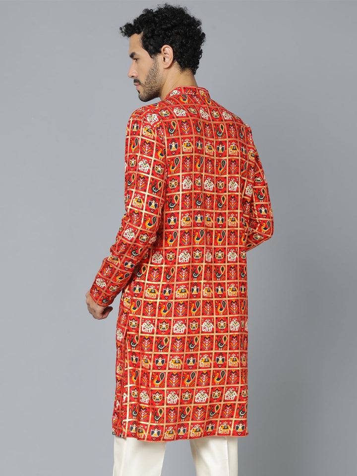 VASTRAMAY Men's Red Patola Print Ethnic kurta