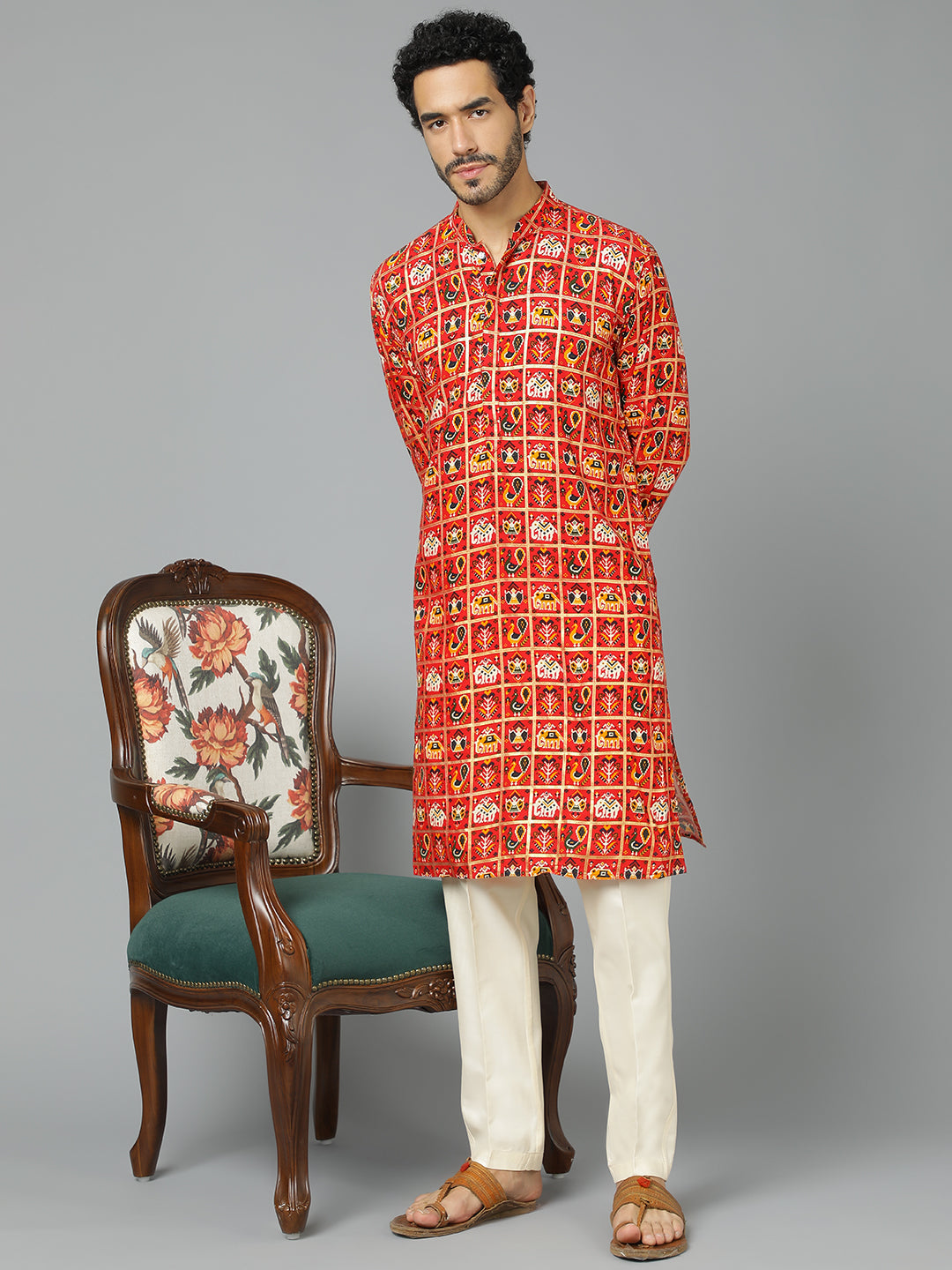 VASTRAMAY Men's Red Patola Print Ethnic kurta