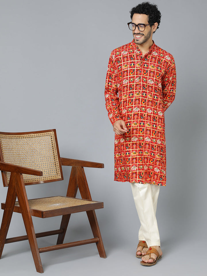 VASTRAMAY Men's Red Patola Print Ethnic kurta Pyjama Set