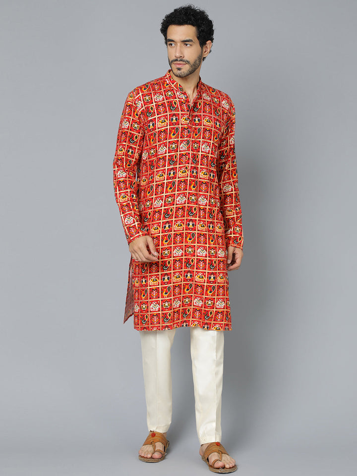 VASTRAMAY Men's Red Patola Print Ethnic kurta Pyjama Set