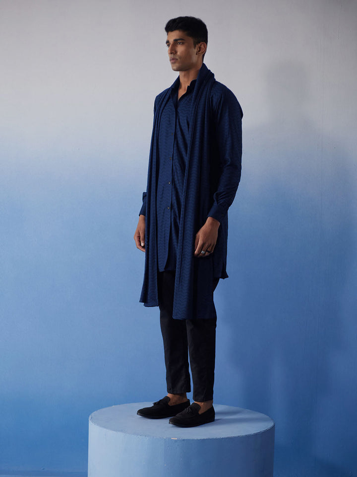 VASTRAMAY Men's Navy Blue Net Front Open Kurta