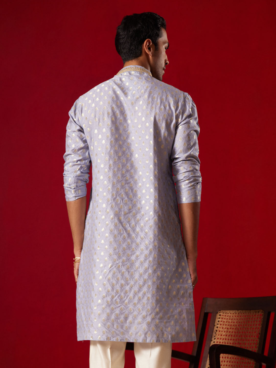 VASTRAMAY Men's Aqua blue Silk Blend Jacquard Kurta