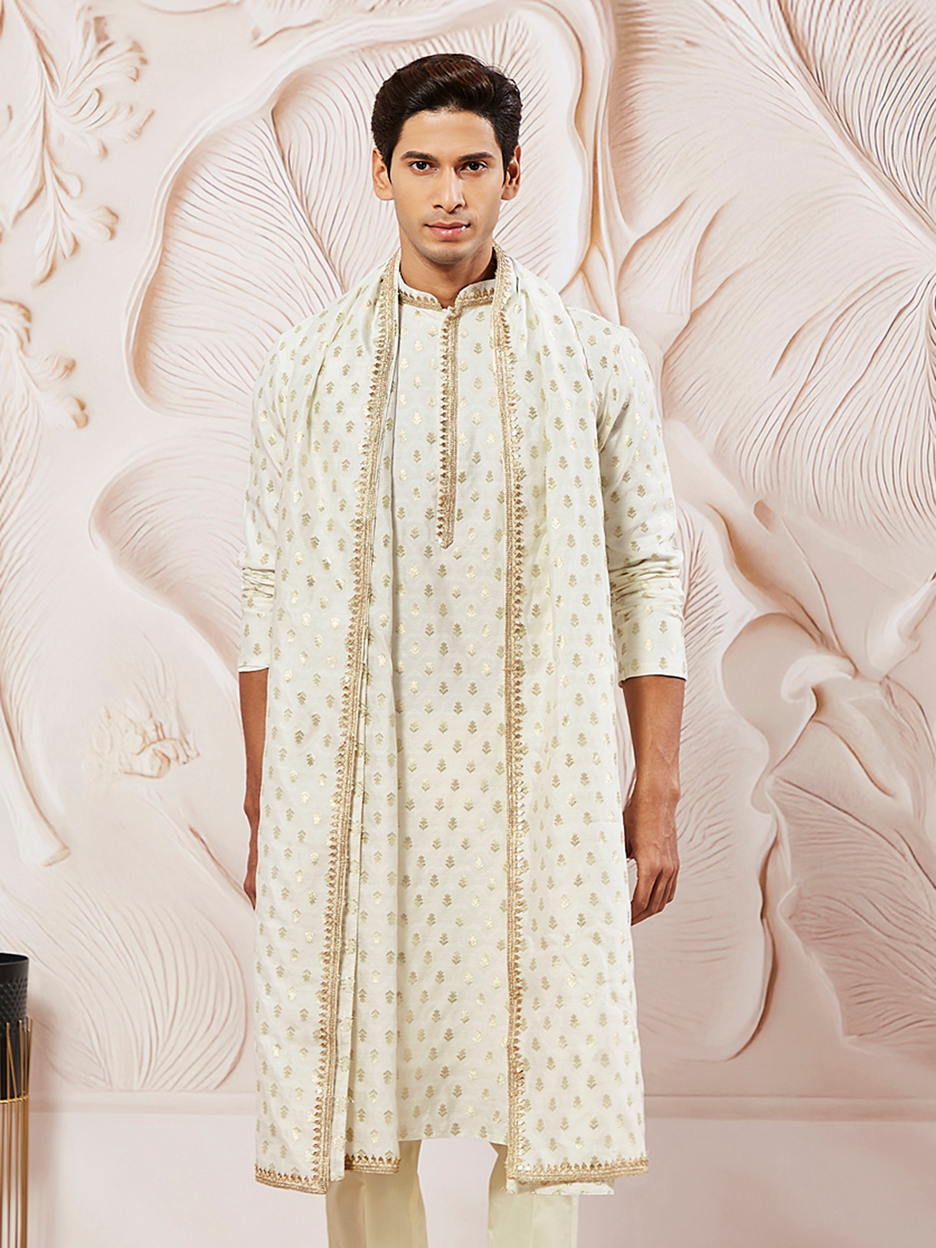Men's Cream Jacquard Silk Blend Kurta with Lace Viscose Dupatta Set