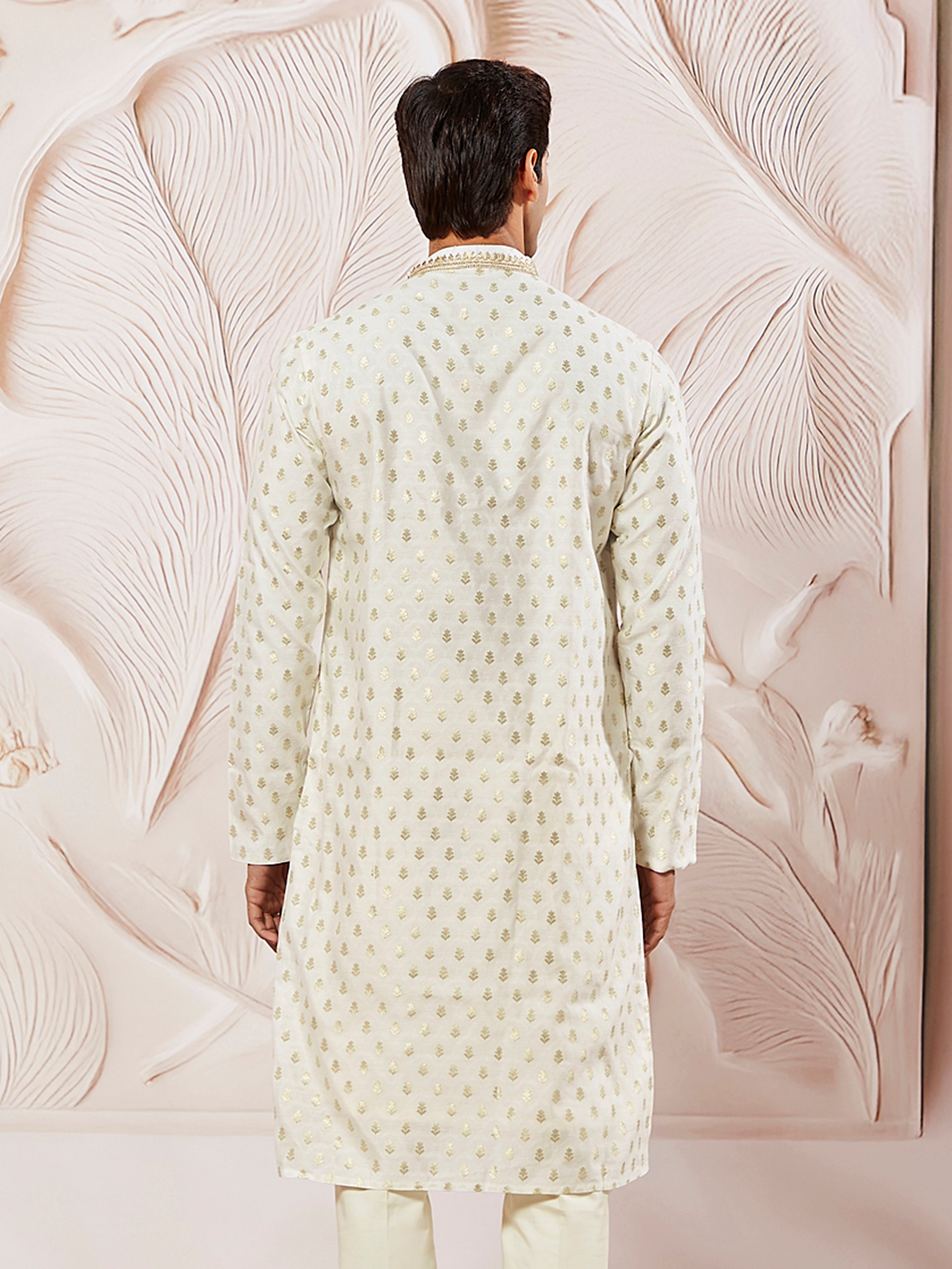 Men's Cream Jacquard Silk Blend Kurta with Lace Viscose Dupatta Set