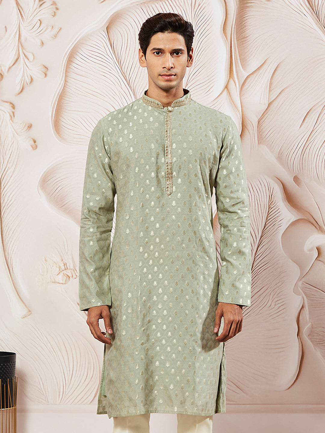 Men's Green Silk Blend Jacquard Kurta