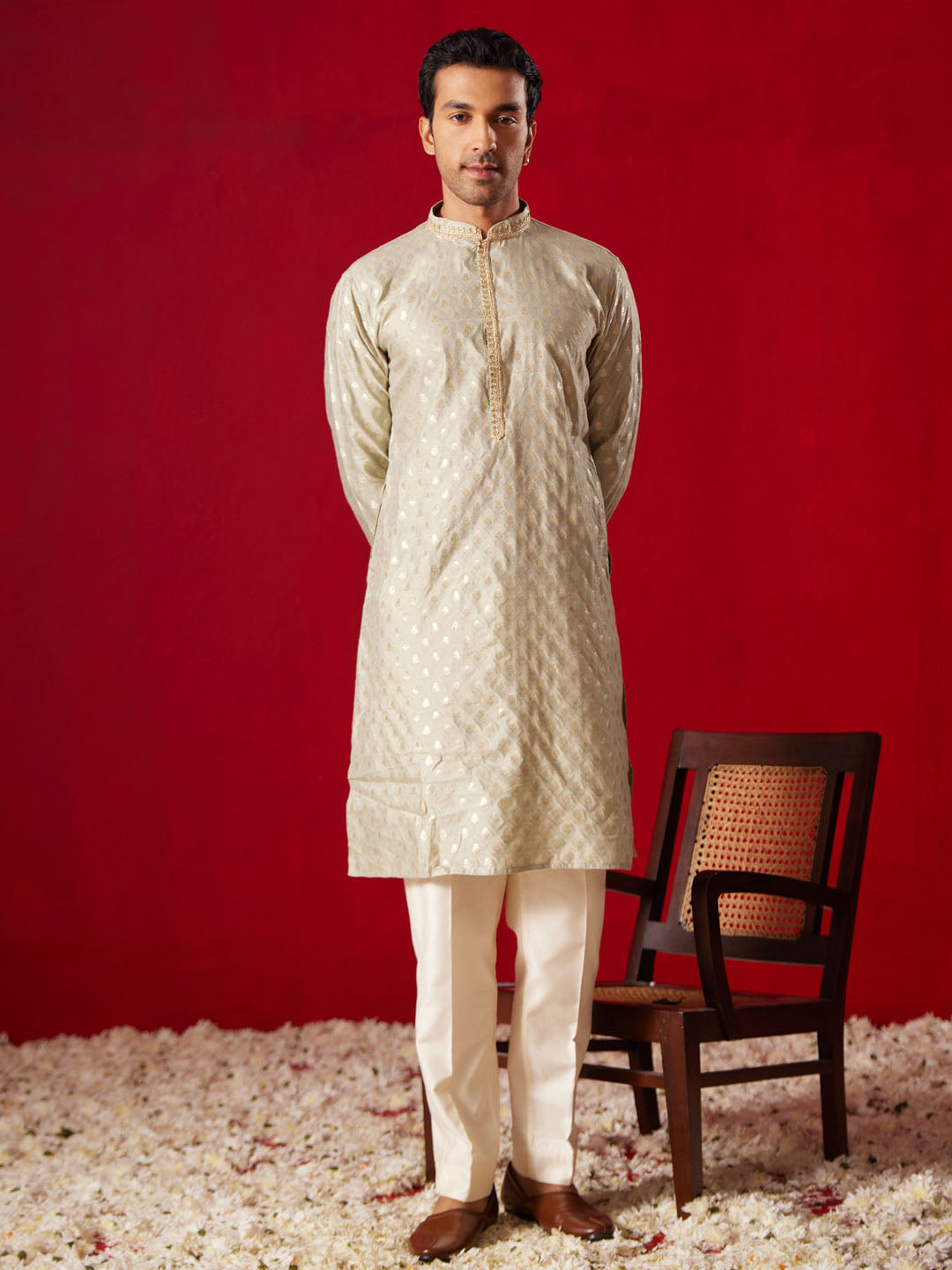 Me's Green Silk Blend Jacquard Kurta With Pant Set