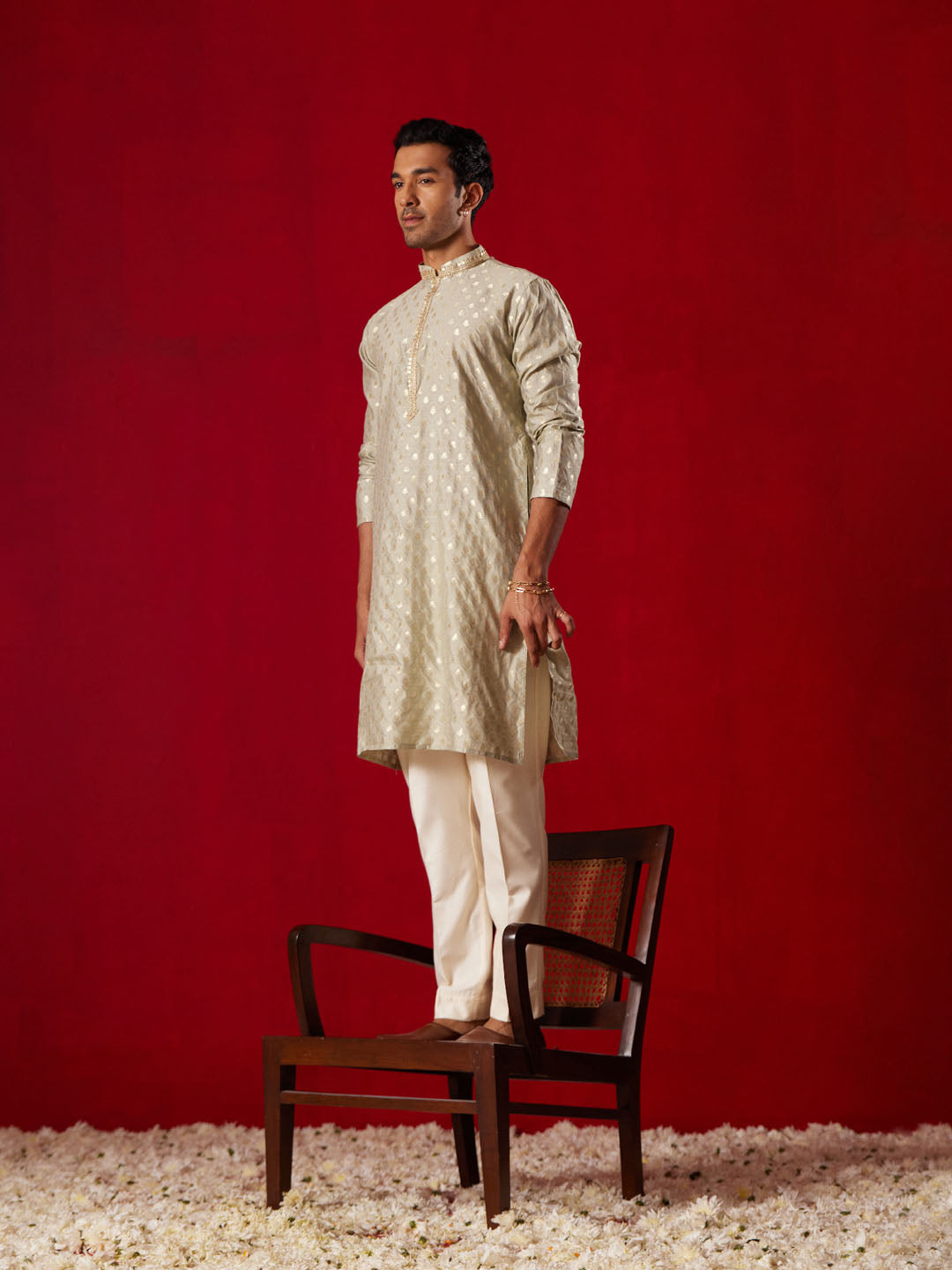 Me's Green Silk Blend Jacquard Kurta With Pant Set