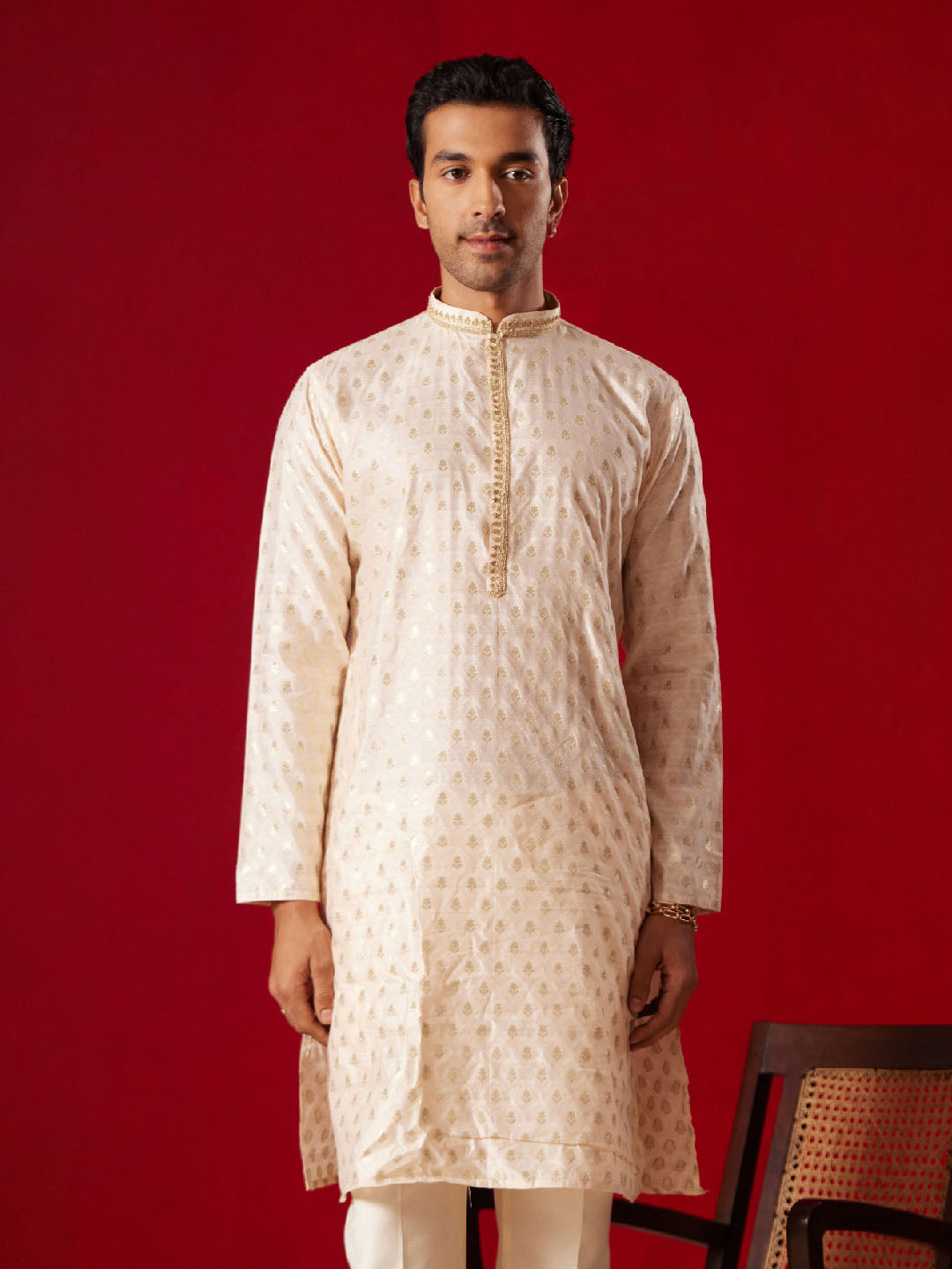 VASTRAMAY Mens Peach Silk Blend Jacquard Kurta - qivii