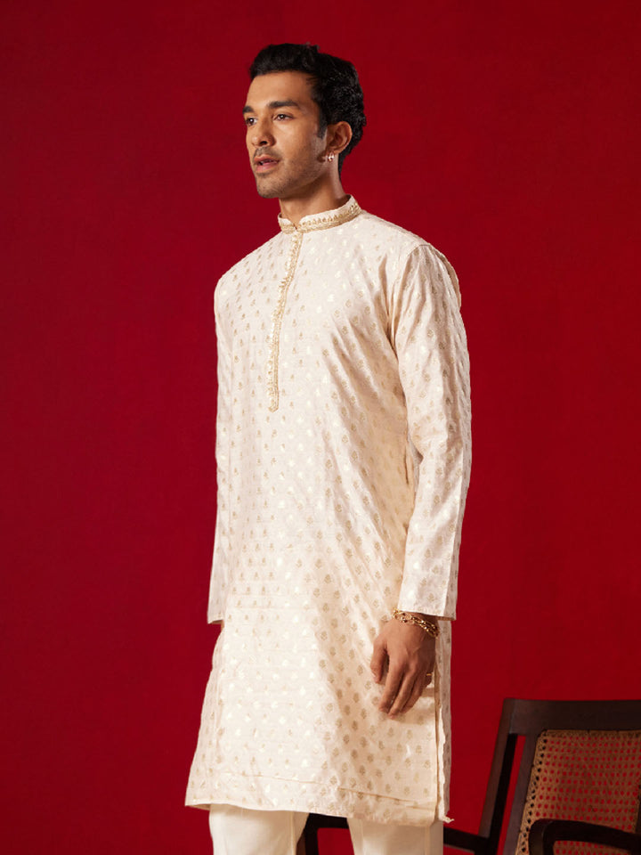 VASTRAMAY Mens Peach Silk Blend Jacquard Kurta - qivii